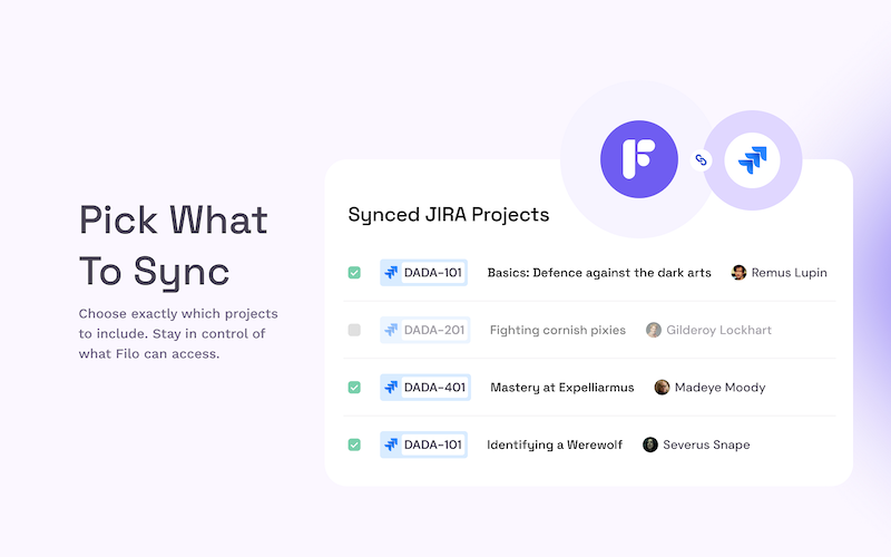 Filo AI search in Slack showing semantic search results from Jira with source links and context