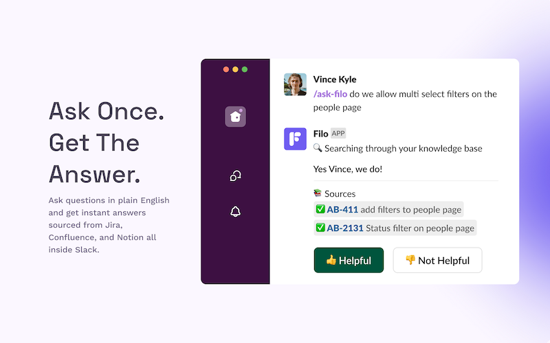 Filo AI search in Slack showing semantic search results from Confluence, Jira, and Notion with source links
